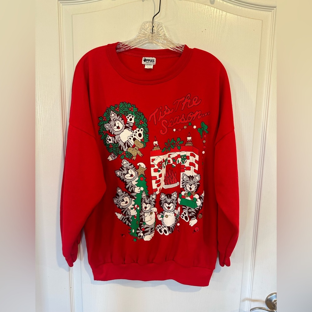Apples women’s vintage red Christmas holiday cat sweatshirt size medium